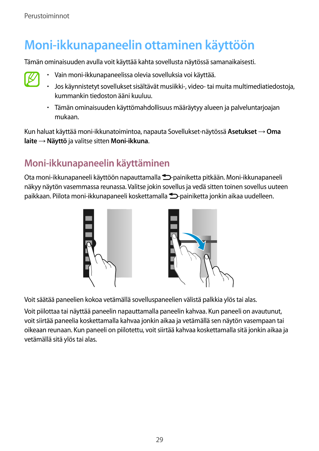 Samsung GT-I9205PPANEE, GT-I9205ZWANEE manual Moni-ikkunapaneelin ottaminen käyttöön, Moni-ikkunapaneelin käyttäminen 