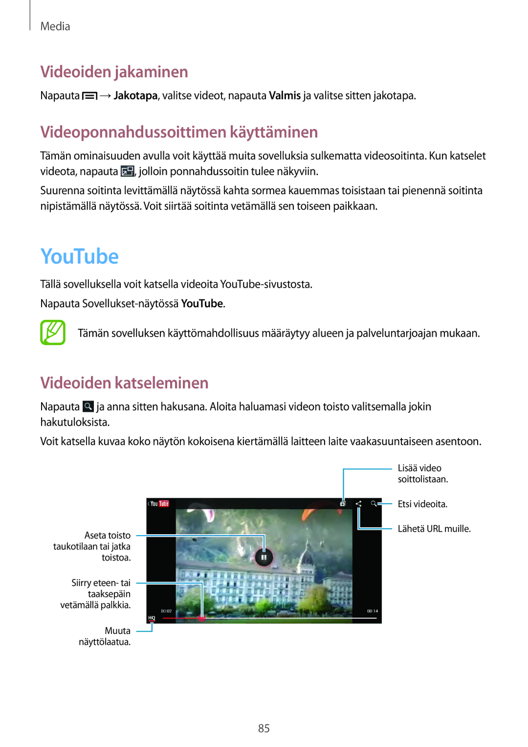 Samsung GT-I9205ZKANEE manual YouTube, Videoiden jakaminen, Videoponnahdussoittimen käyttäminen, Videoiden katseleminen 