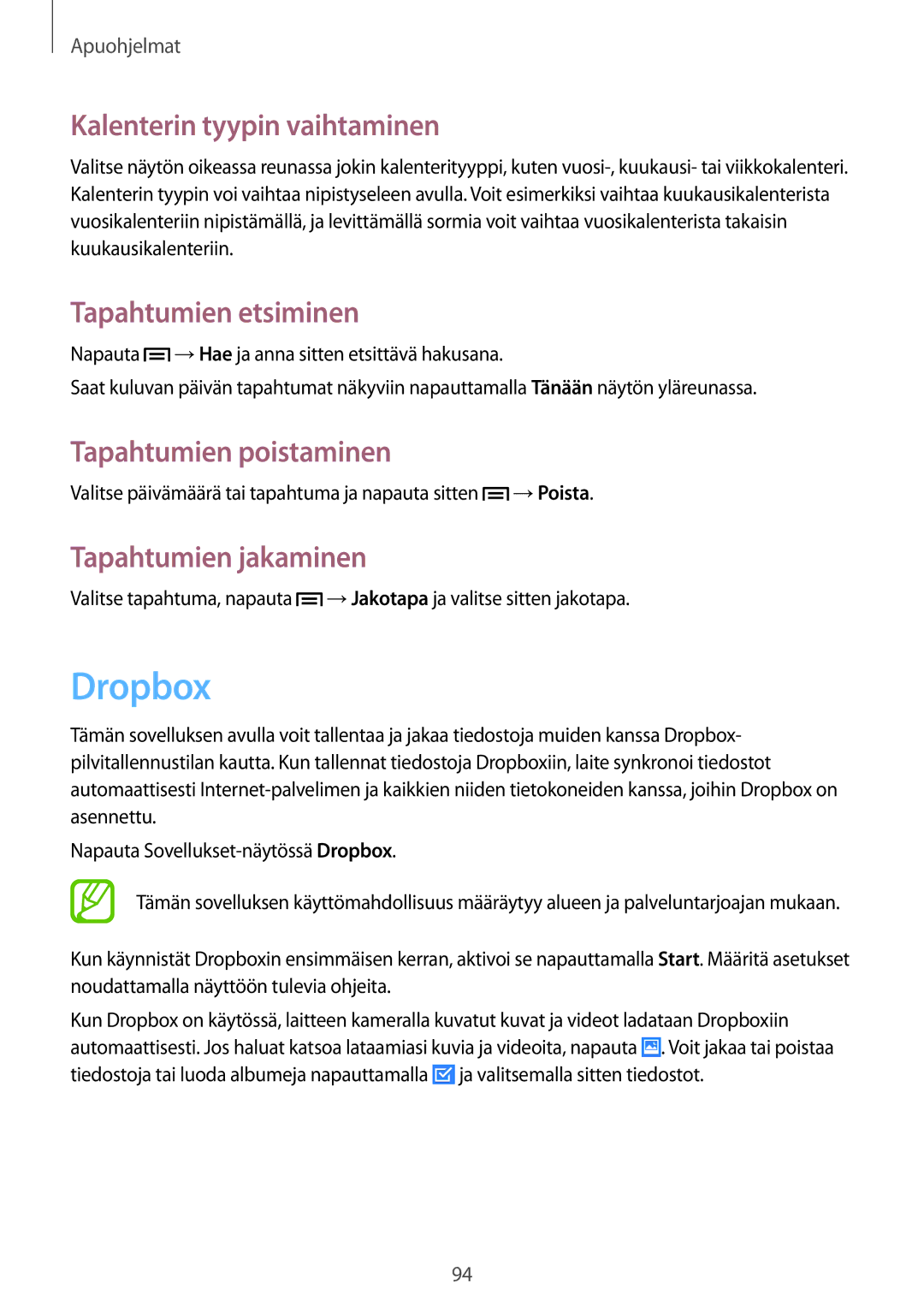 Samsung GT-I9205ZKANEE manual Dropbox, Kalenterin tyypin vaihtaminen, Tapahtumien etsiminen, Tapahtumien poistaminen 