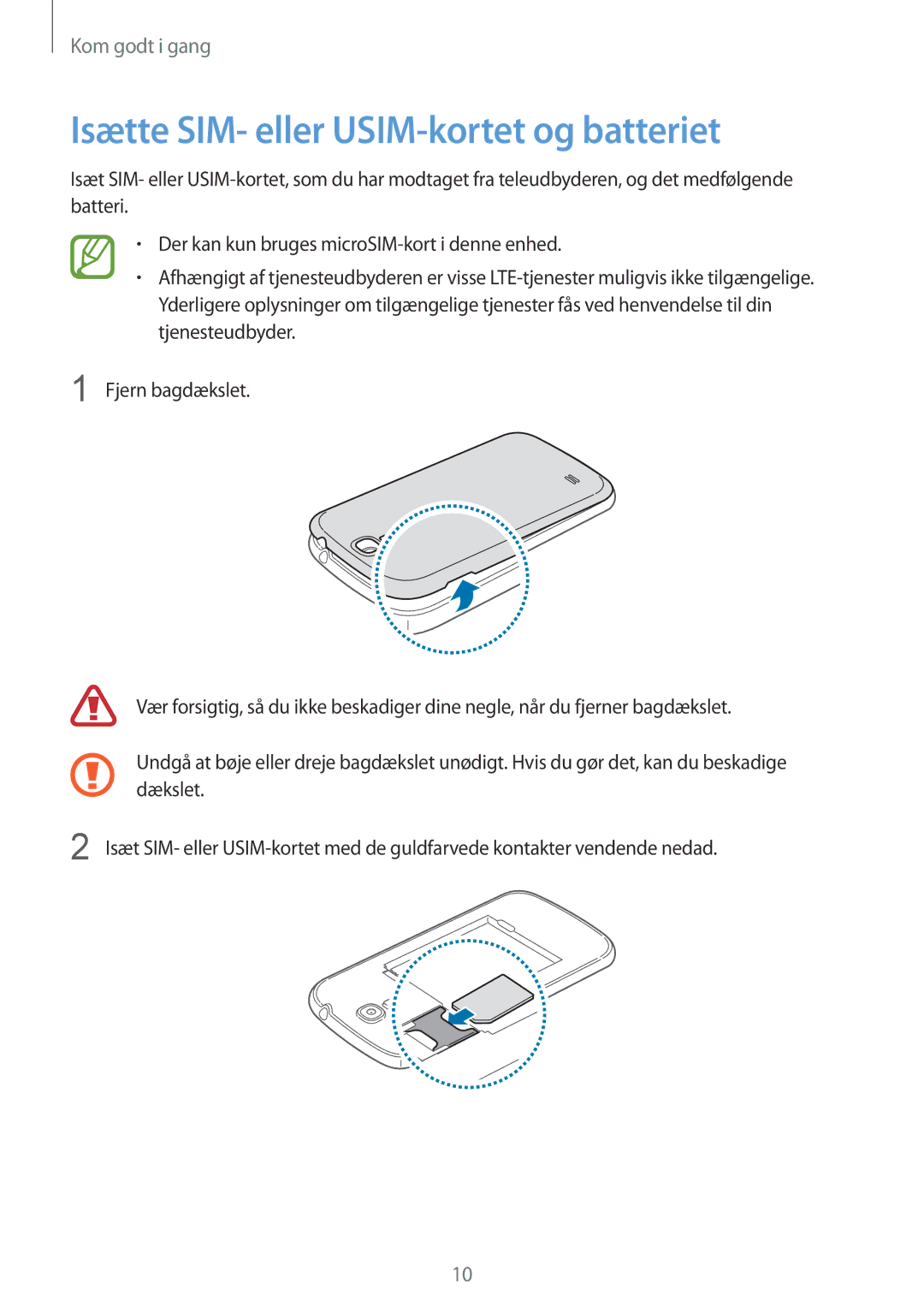 Samsung GT-I9205ZKANEE, GT-I9205ZWANEE, GT-I9205PPANEE manual Isætte SIM- eller USIM-kortet og batteriet 