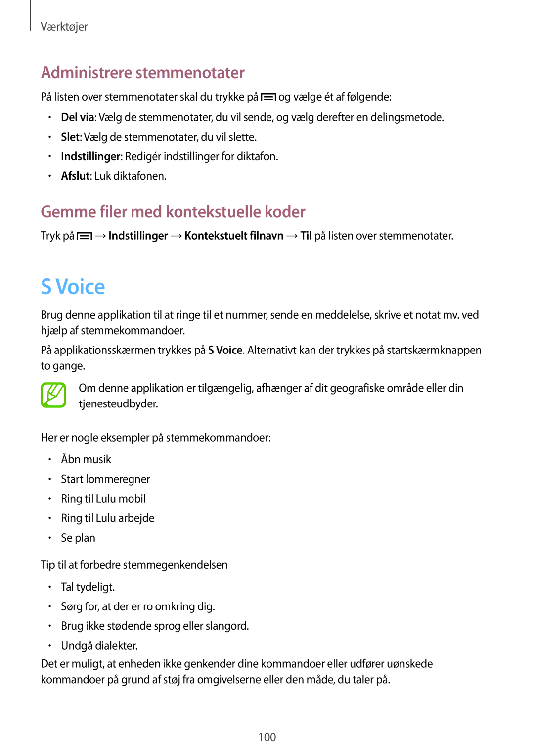 Samsung GT-I9205ZKANEE, GT-I9205ZWANEE manual Voice, Administrere stemmenotater, Gemme filer med kontekstuelle koder 