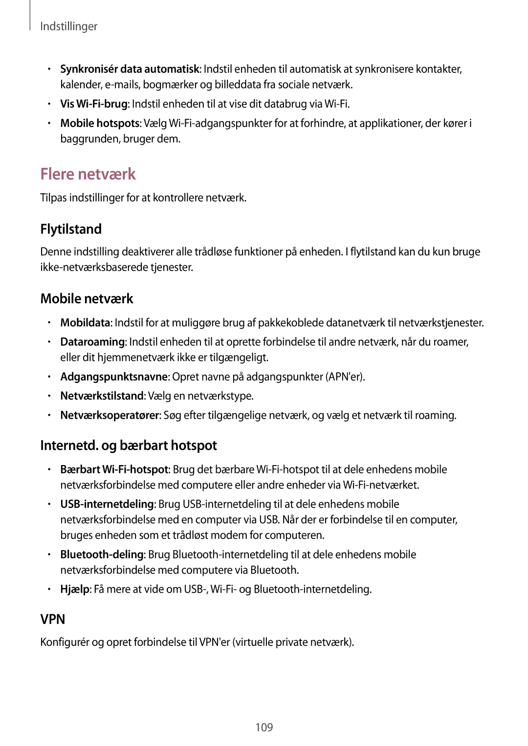 Samsung GT-I9205ZKANEE, GT-I9205ZWANEE manual Flere netværk, Flytilstand, Mobile netværk, Internetd. og bærbart hotspot 