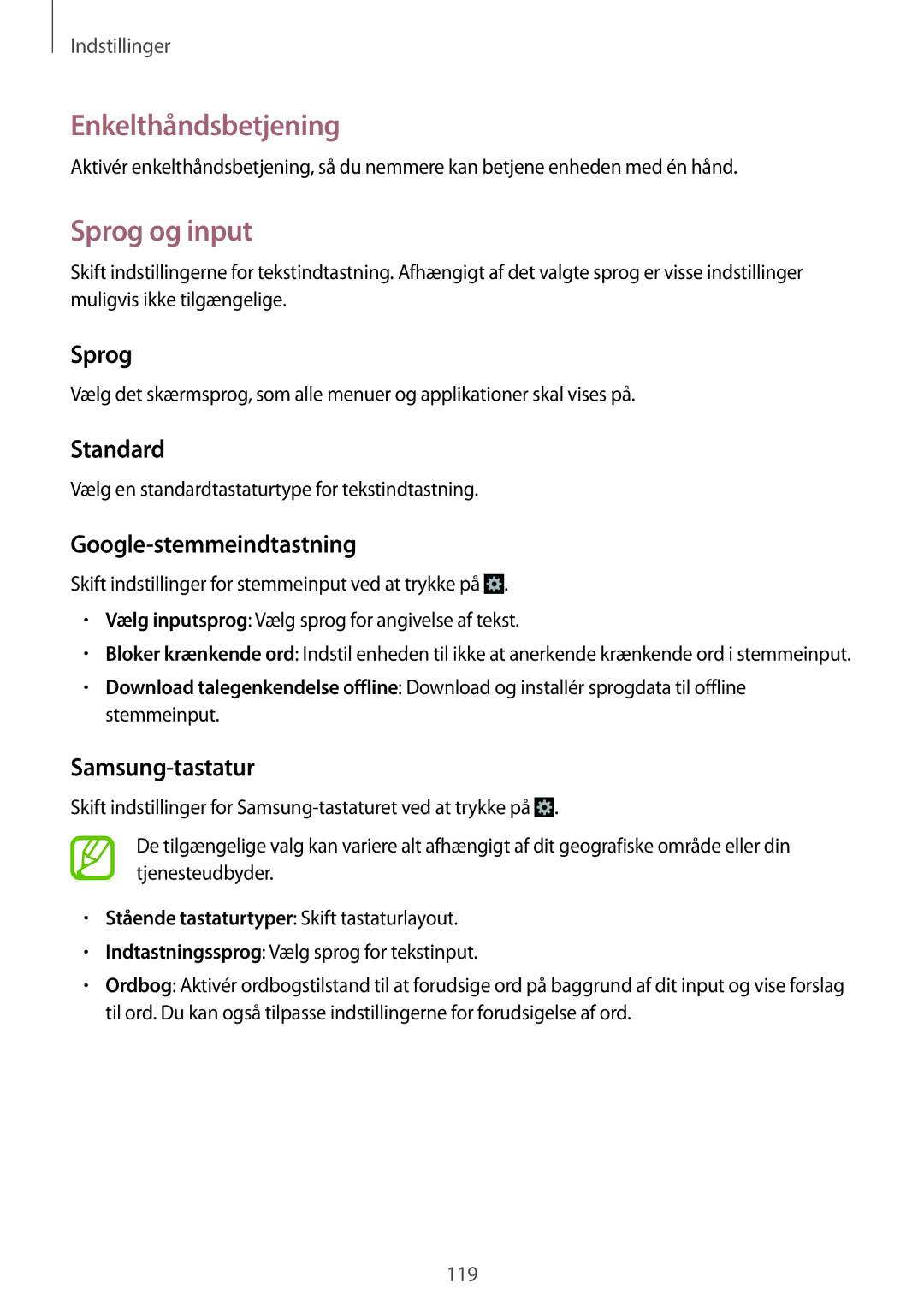 Samsung GT-I9205PPANEE, GT-I9205ZWANEE, GT-I9205ZKANEE manual Enkelthåndsbetjening, Sprog og input 