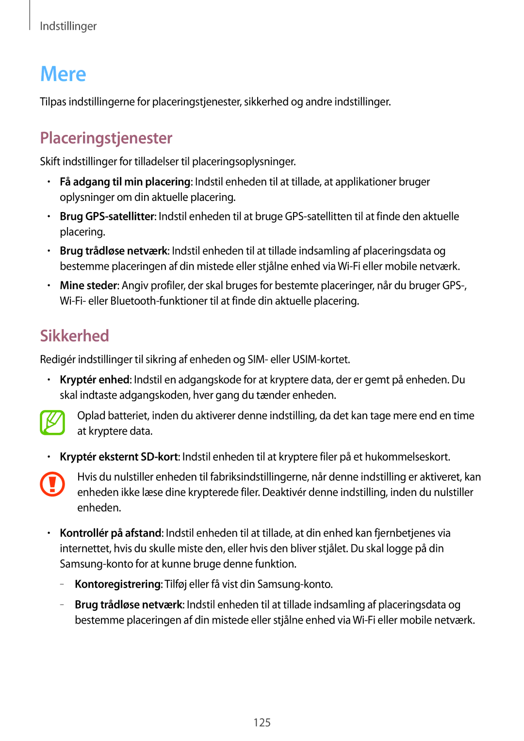 Samsung GT-I9205PPANEE, GT-I9205ZWANEE, GT-I9205ZKANEE manual Mere, Placeringstjenester, Sikkerhed 