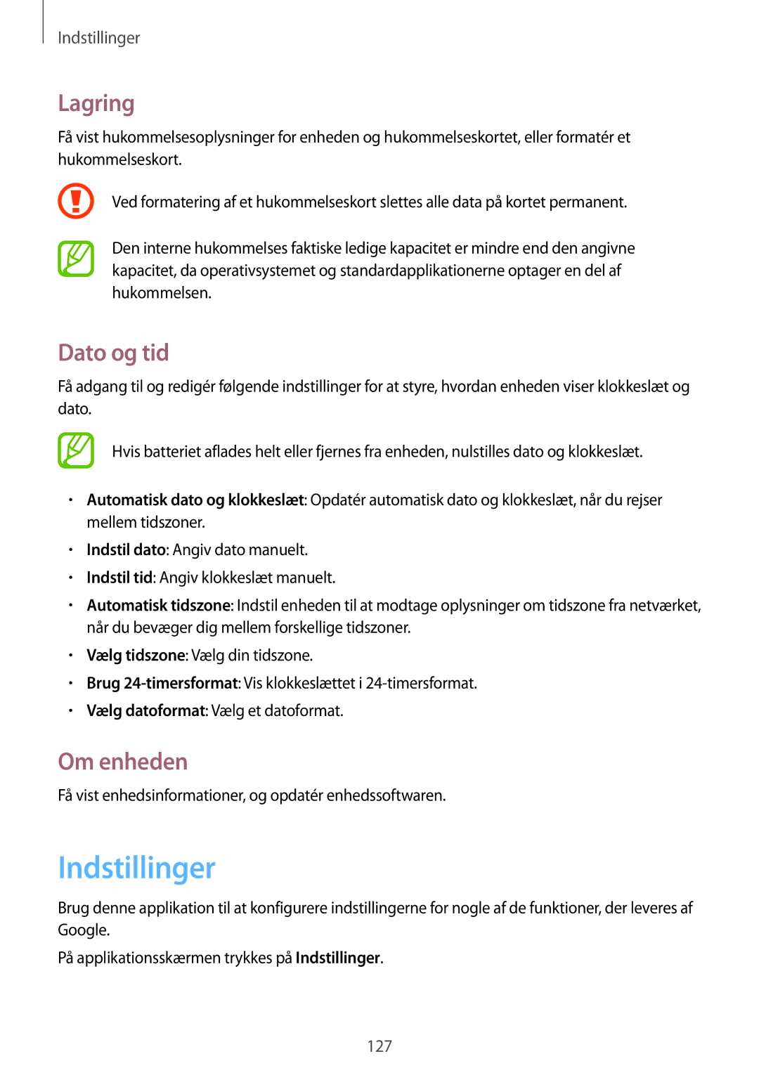 Samsung GT-I9205ZKANEE, GT-I9205ZWANEE, GT-I9205PPANEE manual Indstillinger, Lagring, Dato og tid, Om enheden 