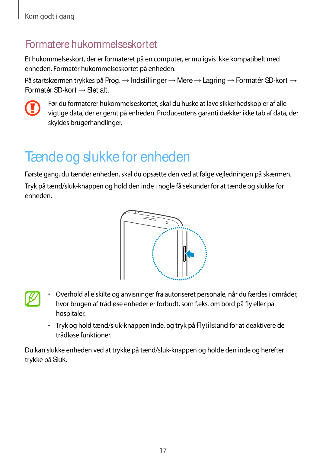 Samsung GT-I9205PPANEE, GT-I9205ZWANEE, GT-I9205ZKANEE manual Tænde og slukke for enheden, Formatere hukommelseskortet 