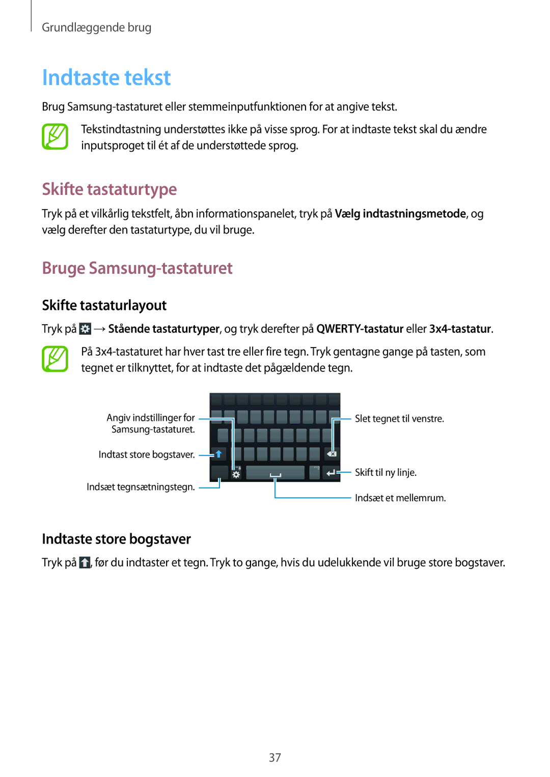 Samsung GT-I9205ZKANEE manual Indtaste tekst, Skifte tastaturtype, Bruge Samsung-tastaturet, Skifte tastaturlayout 