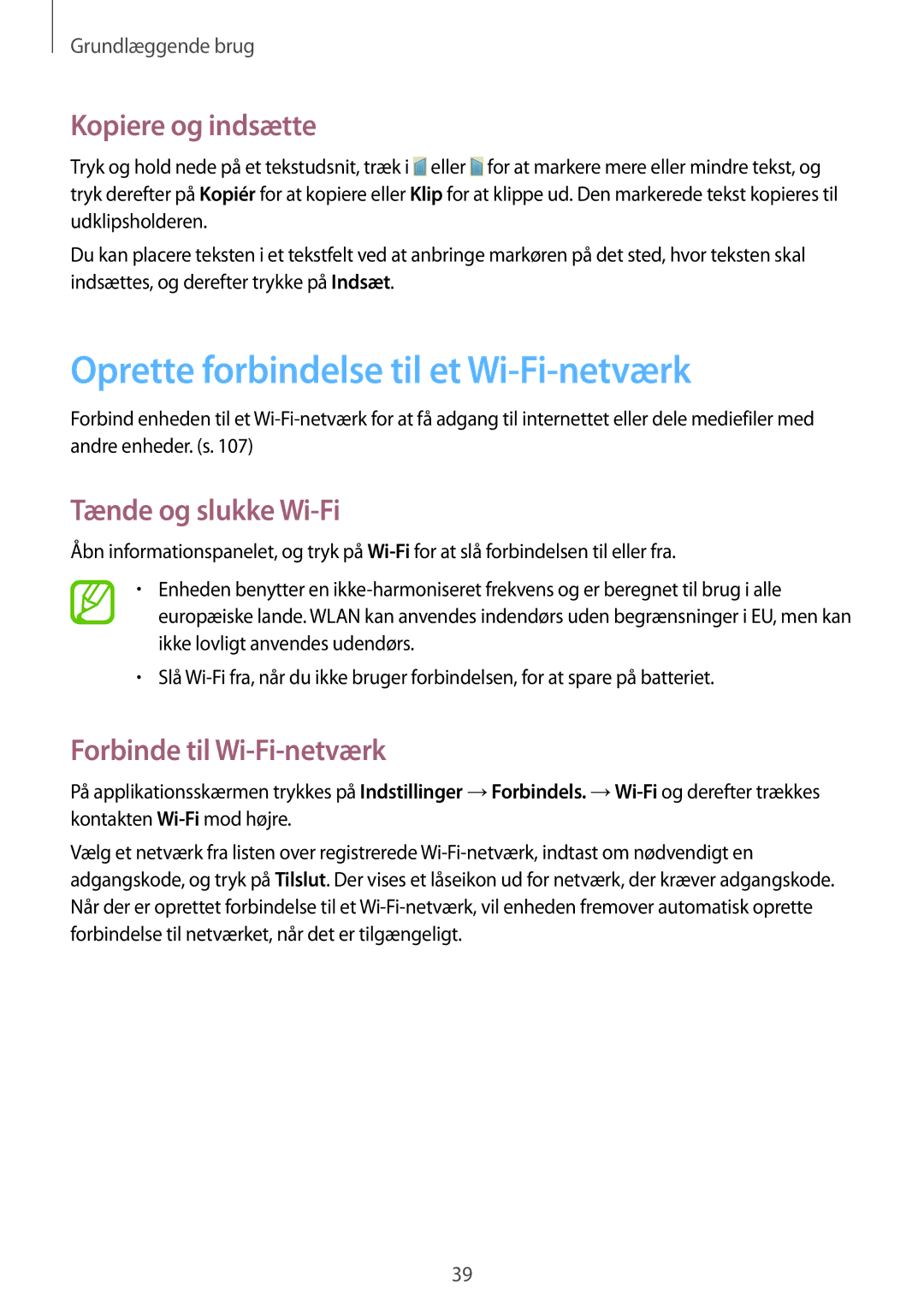 Samsung GT-I9205ZWANEE manual Oprette forbindelse til et Wi-Fi-netværk, Kopiere og indsætte, Tænde og slukke Wi-Fi 