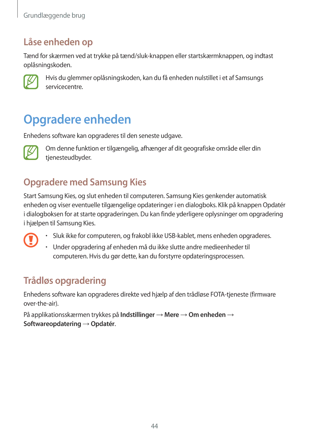 Samsung GT-I9205PPANEE, GT-I9205ZWANEE Opgradere enheden, Låse enheden op, Opgradere med Samsung Kies, Trådløs opgradering 