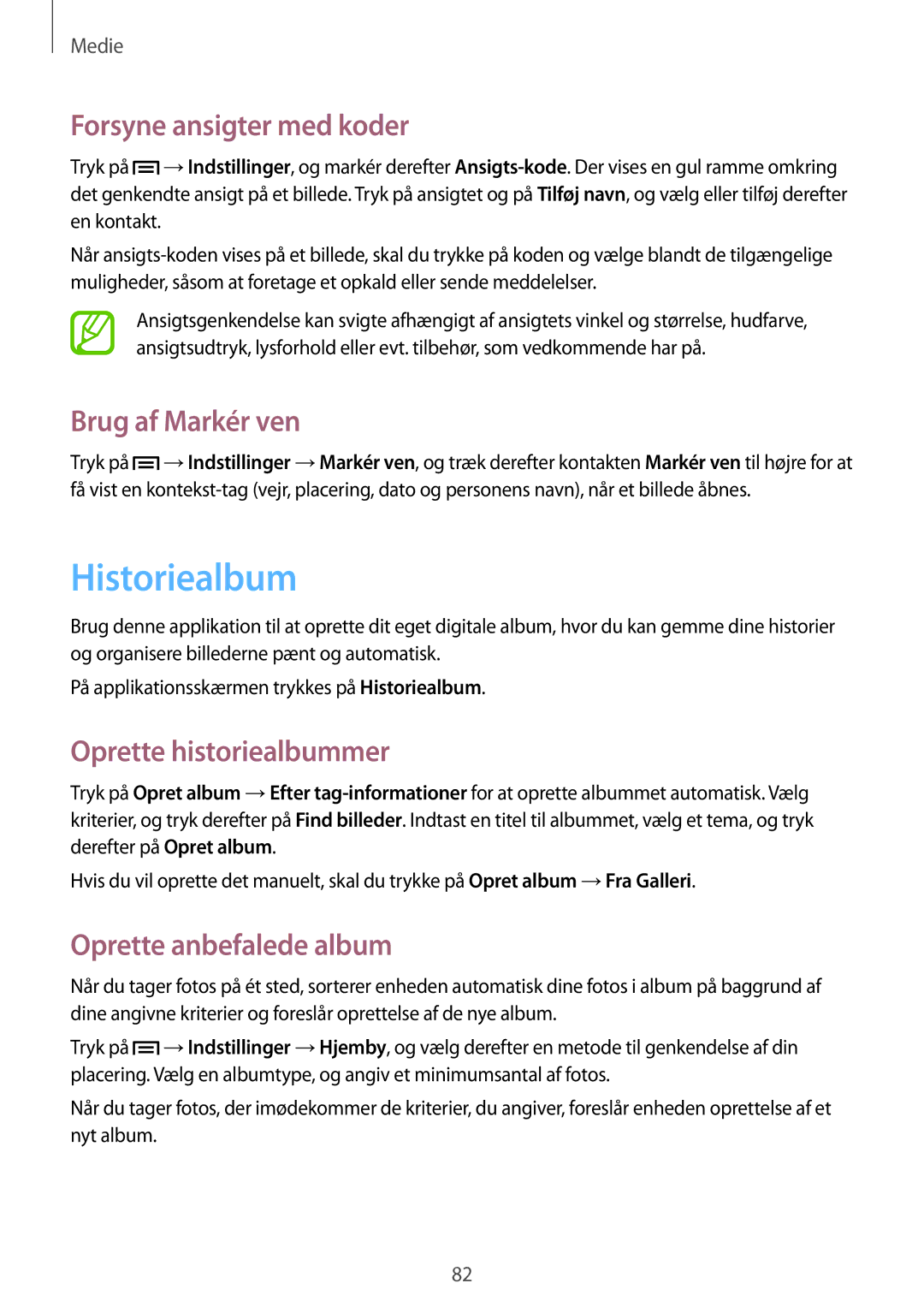 Samsung GT-I9205ZKANEE manual Historiealbum, Forsyne ansigter med koder, Brug af Markér ven, Oprette historiealbummer 
