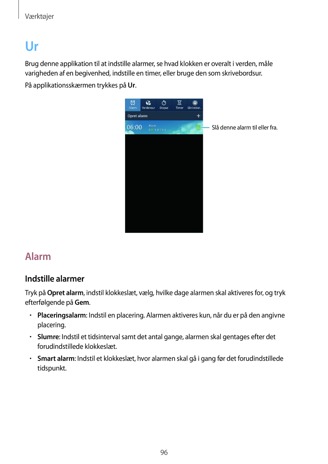 Samsung GT-I9205ZWANEE, GT-I9205ZKANEE, GT-I9205PPANEE manual Alarm, Indstille alarmer 