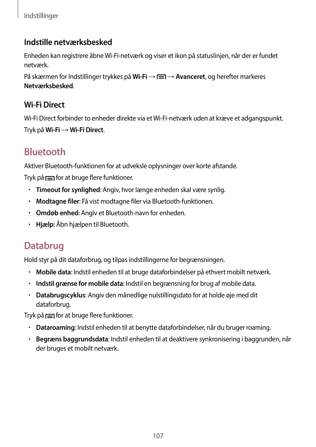 Samsung GT-I9205PPANEE, GT-I9205ZWANEE, GT-I9205ZKANEE manual Bluetooth, Databrug, Indstille netværksbesked, Wi-Fi Direct 