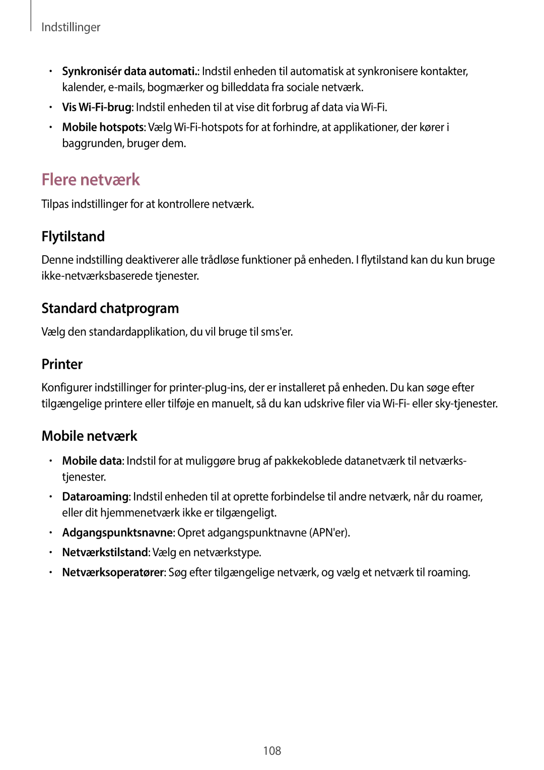 Samsung GT-I9205ZWANEE, GT-I9205ZKANEE manual Flere netværk, Flytilstand, Standard chatprogram, Printer, Mobile netværk 