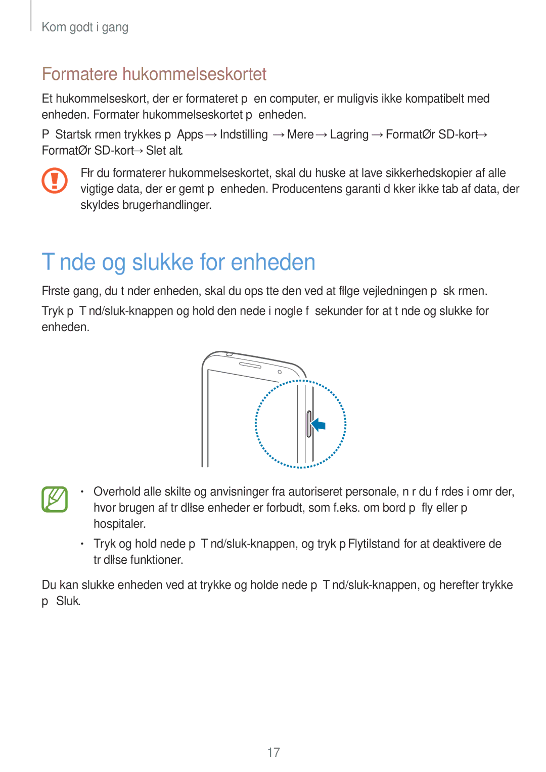 Samsung GT-I9205PPANEE, GT-I9205ZWANEE, GT-I9205ZKANEE manual Tænde og slukke for enheden, Formatere hukommelseskortet 