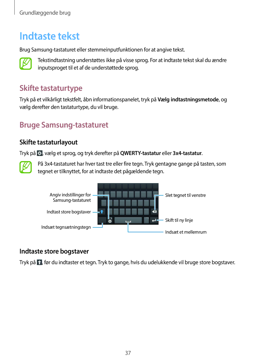 Samsung GT-I9205ZKANEE manual Indtaste tekst, Skifte tastaturtype, Bruge Samsung-tastaturet, Skifte tastaturlayout 