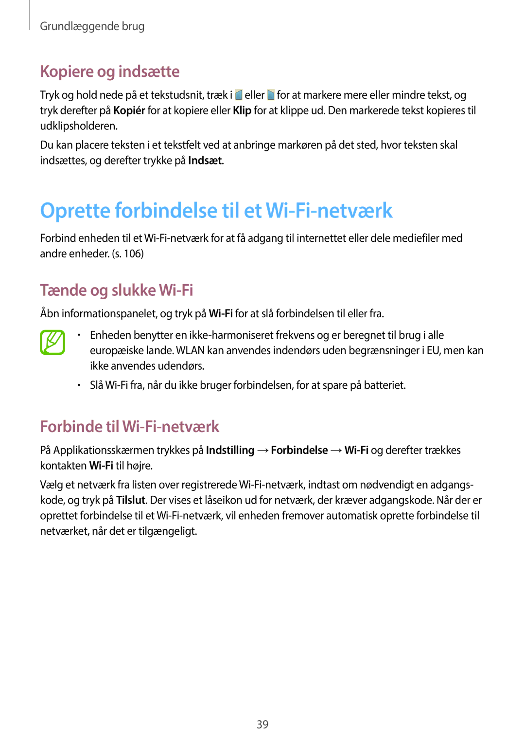 Samsung GT-I9205ZWANEE manual Oprette forbindelse til et Wi-Fi-netværk, Kopiere og indsætte, Tænde og slukke Wi-Fi 