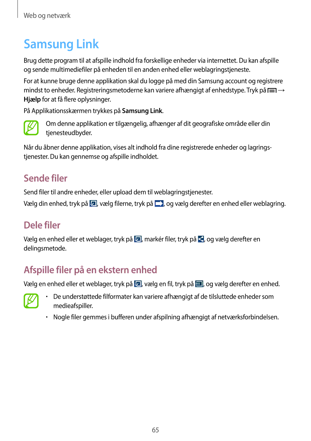 Samsung GT-I9205PPANEE, GT-I9205ZWANEE manual Samsung Link, Sende filer, Dele filer, Afspille filer på en ekstern enhed 