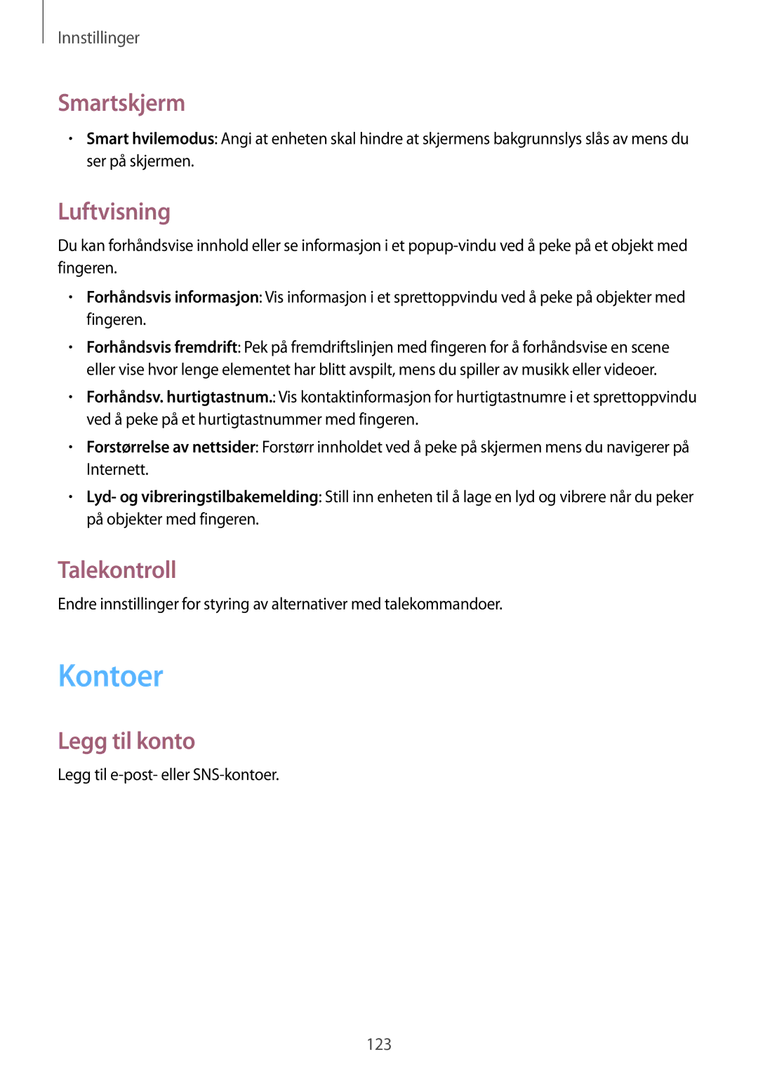 Samsung GT-I9205ZWANEE, GT-I9205ZKANEE, GT-I9205PPANEE manual Kontoer, Smartskjerm, Luftvisning, Talekontroll, Legg til konto 