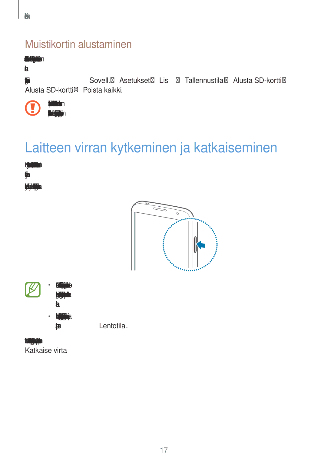 Samsung GT-I9205PPANEE, GT-I9205ZWANEE manual Laitteen virran kytkeminen ja katkaiseminen, Muistikortin alustaminen 