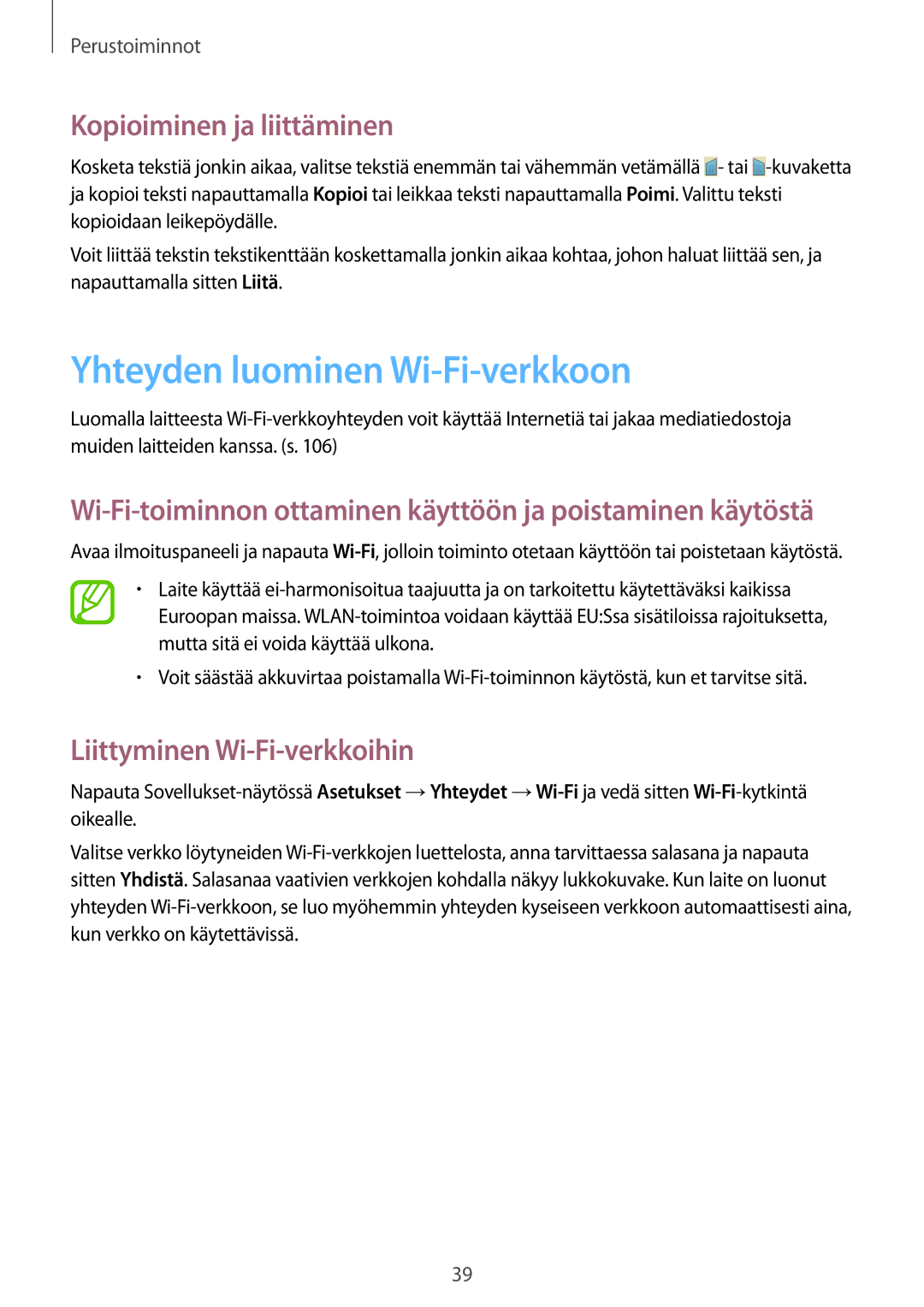 Samsung GT-I9205ZWANEE manual Yhteyden luominen Wi-Fi-verkkoon, Kopioiminen ja liittäminen, Liittyminen Wi-Fi-verkkoihin 