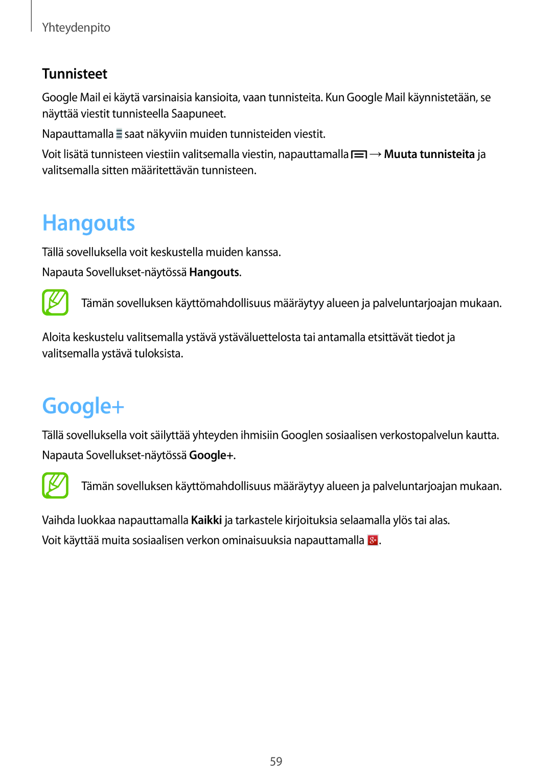 Samsung GT-I9205PPANEE, GT-I9205ZWANEE, GT-I9205ZKANEE manual Hangouts, Google+, Tunnisteet 