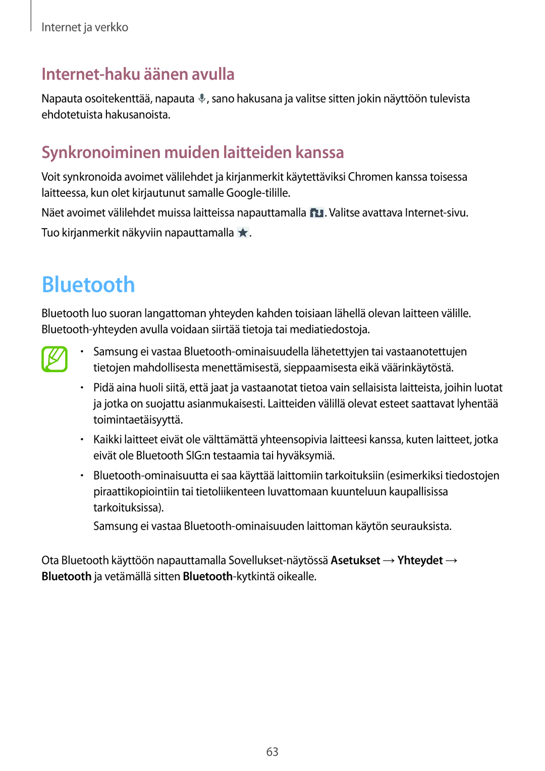 Samsung GT-I9205ZWANEE, GT-I9205ZKANEE manual Bluetooth, Internet-haku äänen avulla, Synkronoiminen muiden laitteiden kanssa 