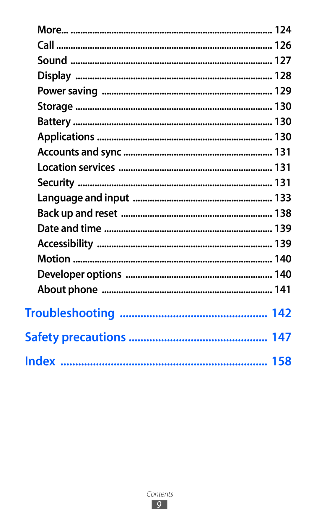 Samsung GT-I9210DAADTM, GT-I9210DAADBT, GT-I9210DAAVD2 manual 124, 126, 127, 128, 129, 130, 131, 133, 138, 139, 140, 141 