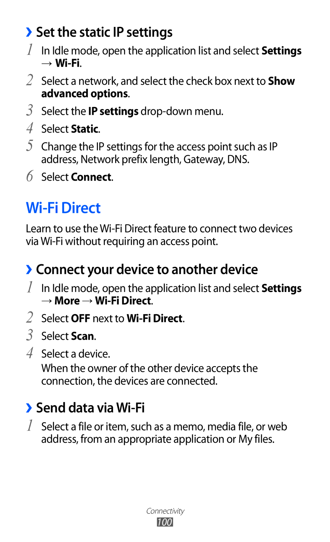 Samsung GT-I9210RWADBT, GT-I9210DAADBT Wi-Fi Direct, ››Set the static IP settings, ››Connect your device to another device 