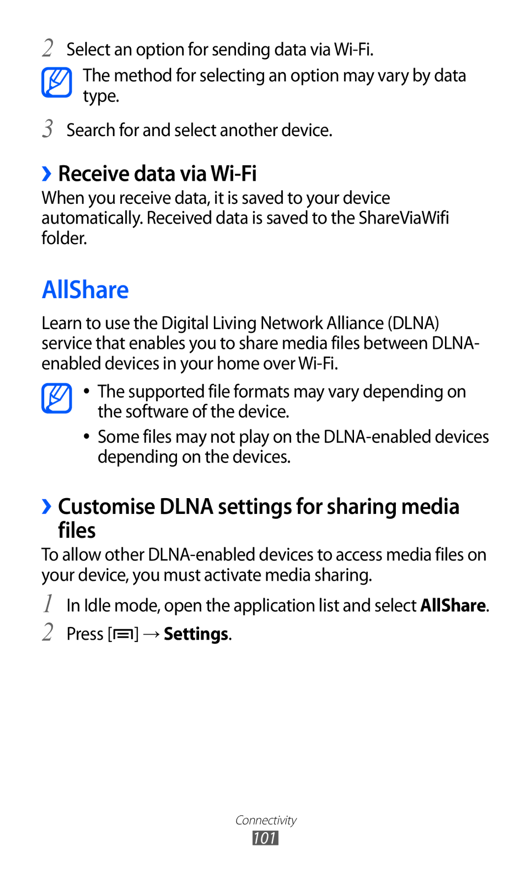 Samsung GT-I9210DAAOPT manual AllShare, ››Receive data via Wi-Fi, ››Customise Dlna settings for sharing media files 