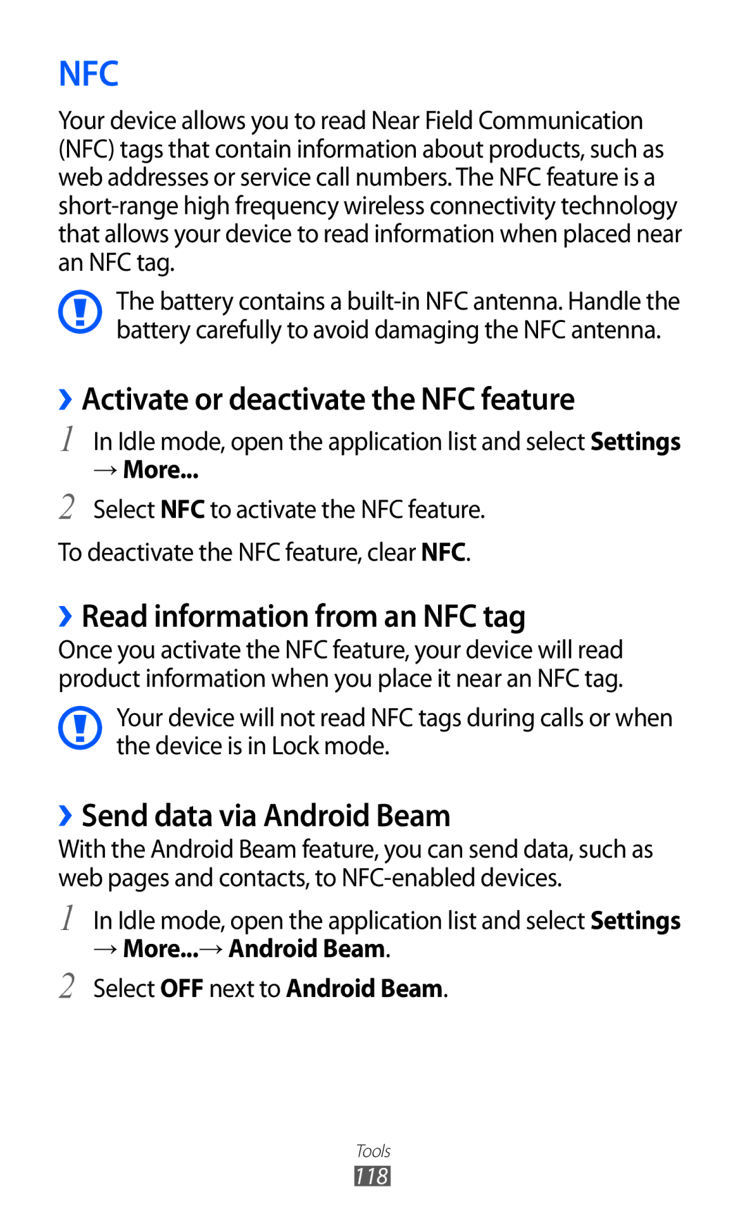 Samsung GT-I9210DAANEE manual ››Activate or deactivate the NFC feature, ››Read information from an NFC tag, → More 