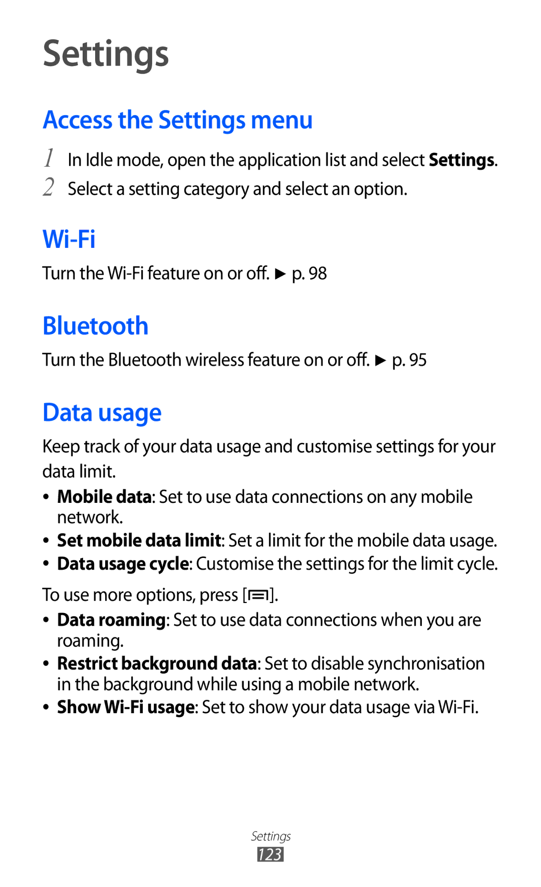 Samsung GT-I9210DAATMN, GT-I9210DAADBT, GT-I9210DAAVD2, GT-I9210DAADTM manual Access the Settings menu, Data usage 