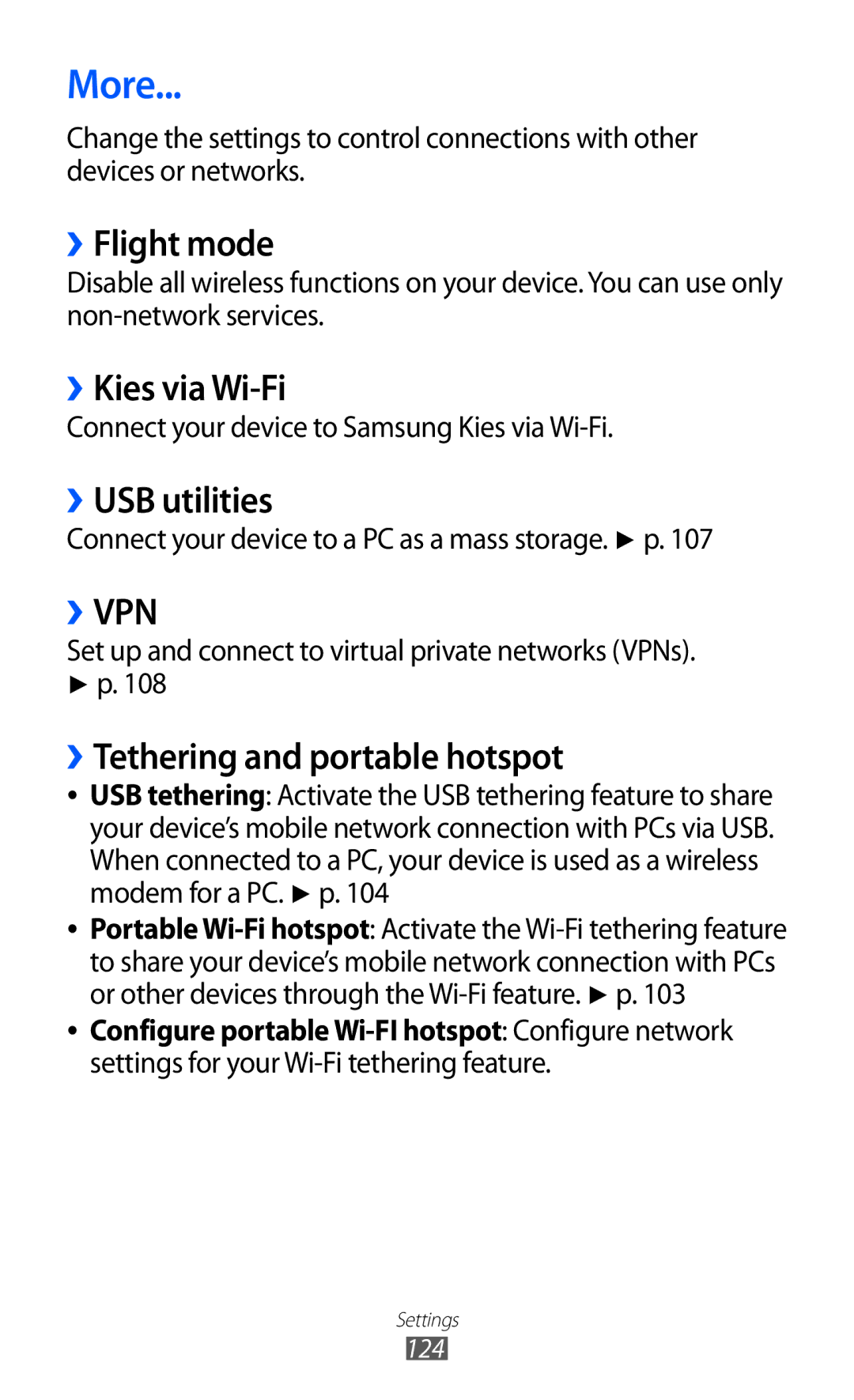 Samsung GT-I9210RWADBT manual More, ››Flight mode, ››Kies via Wi-Fi, ››USB utilities, ››Tethering and portable hotspot 