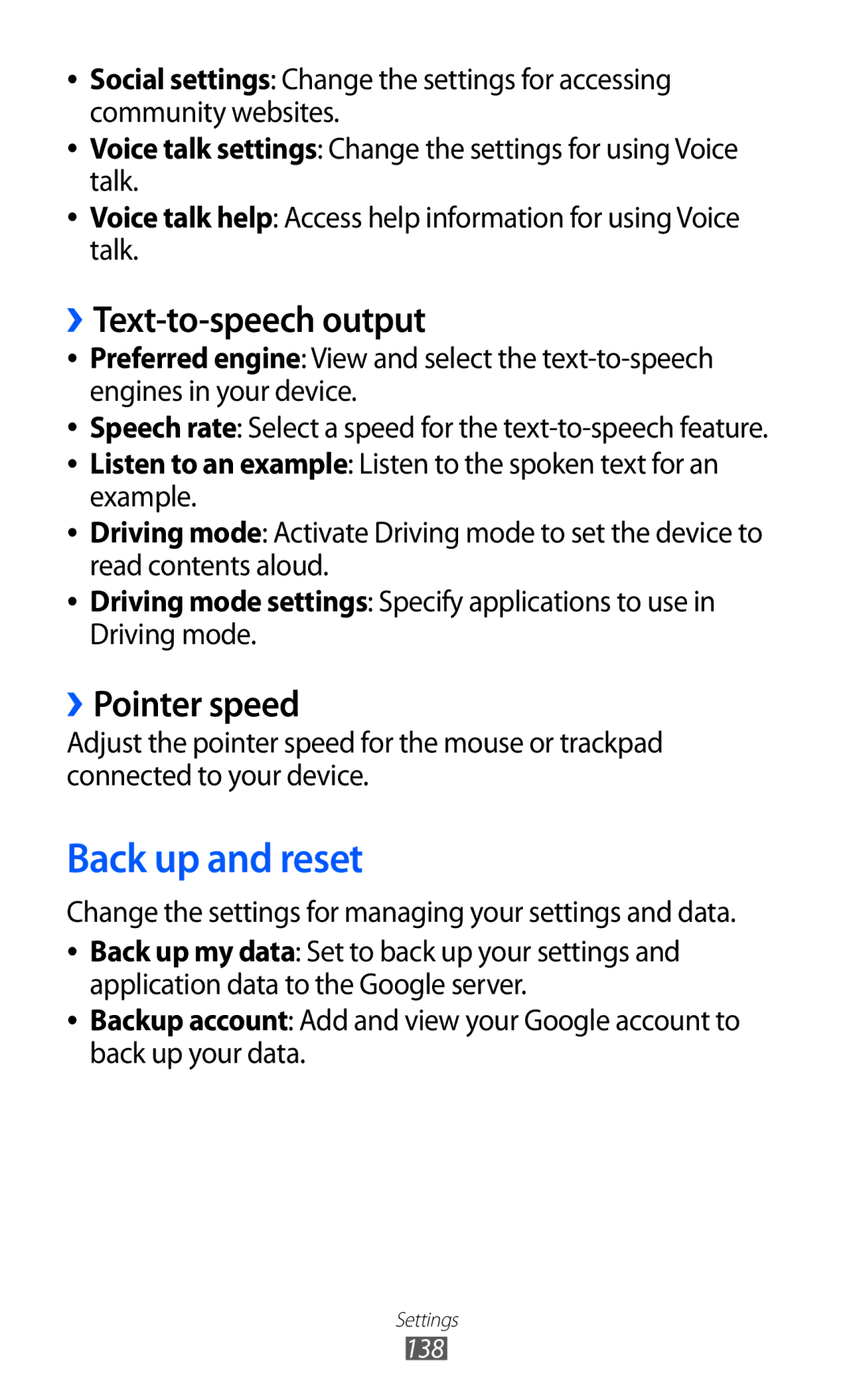 Samsung GT-I9210DAACOV, GT-I9210DAADBT, GT-I9210DAAVD2 manual Back up and reset, ››Text-to-speech output, ››Pointer speed 