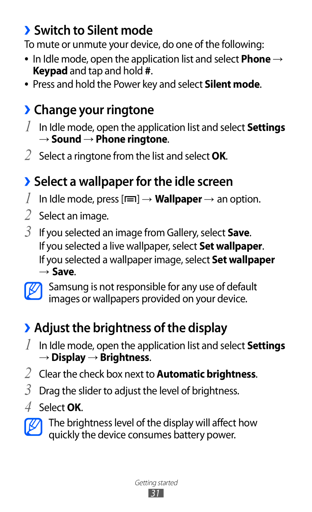 Samsung GT-I9210DAADBT manual ››Switch to Silent mode, ››Change your ringtone, ››Select a wallpaper for the idle screen 