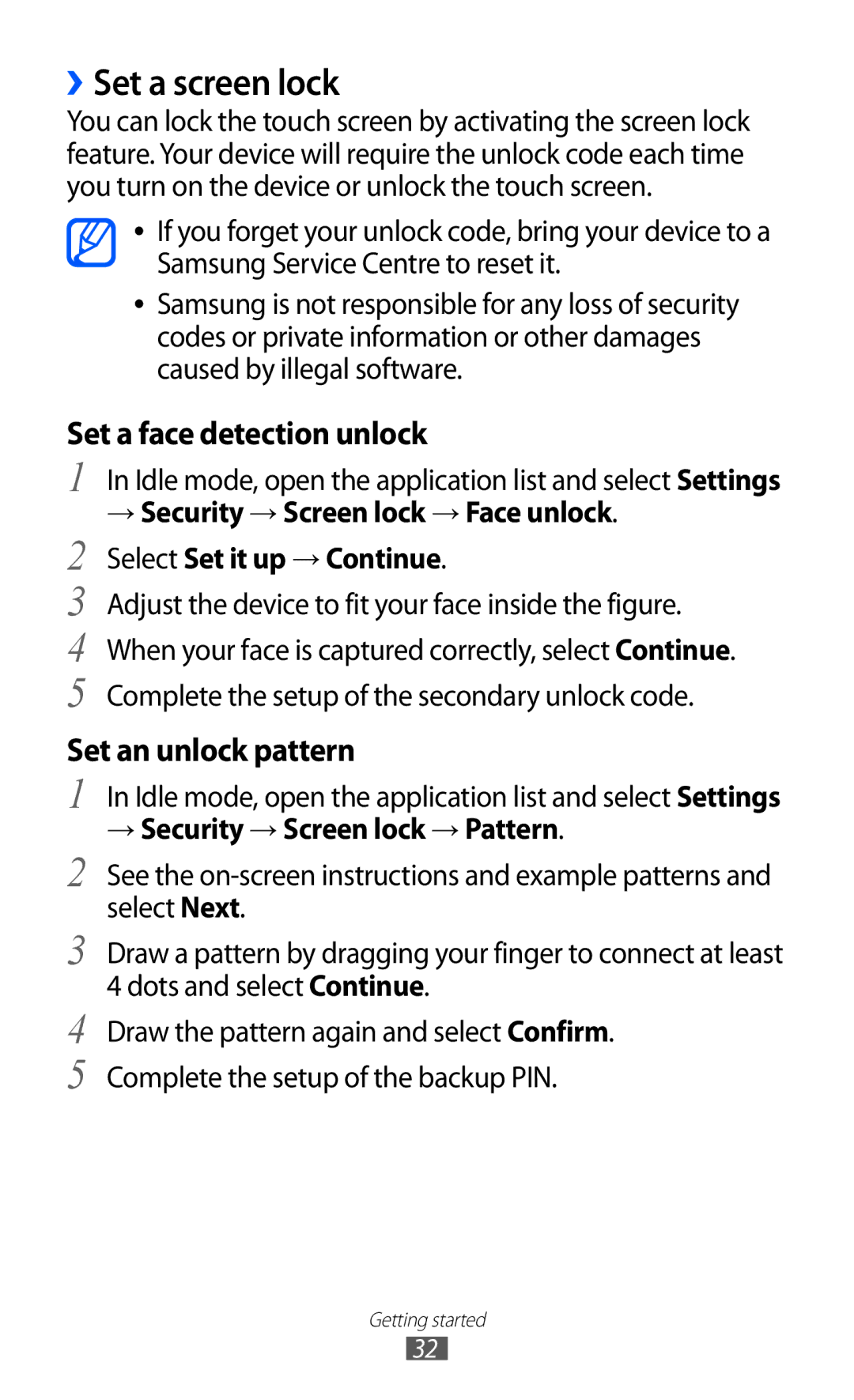 Samsung GT-I9210DAAVD2, GT-I9210DAADBT, GT-I9210DAADTM manual ››Set a screen lock, → Security → Screen lock → Pattern 