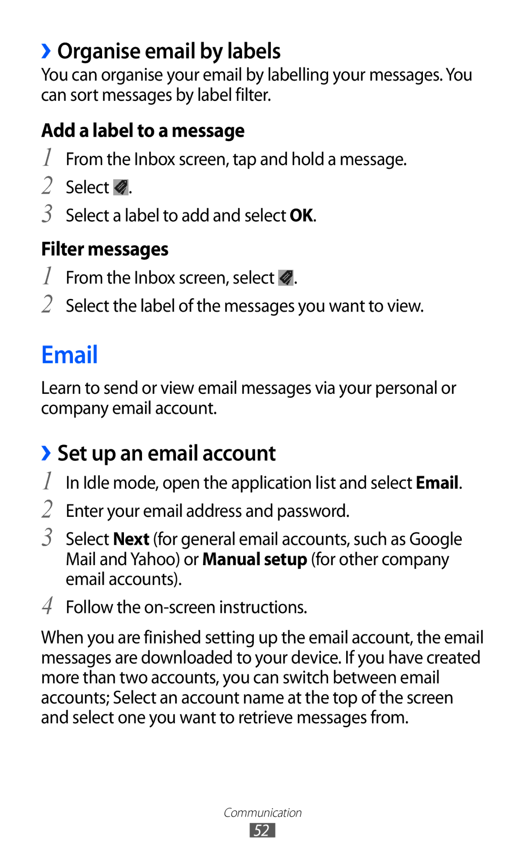 Samsung GT-I9210RWADBT, GT-I9210DAADBT, GT-I9210DAAVD2, GT-I9210DAADTM ››Organise email by labels, ››Set up an email account 