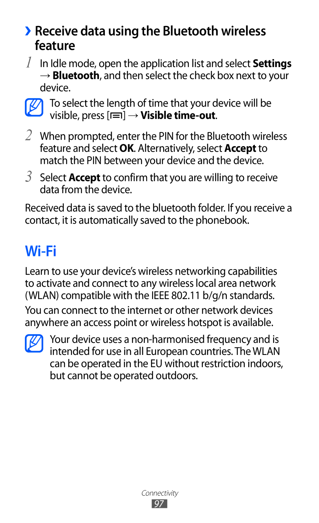 Samsung GT-I9210DAADTM, GT-I9210DAADBT, GT-I9210DAAVD2 manual Wi-Fi, ››Receive data using the Bluetooth wireless feature 