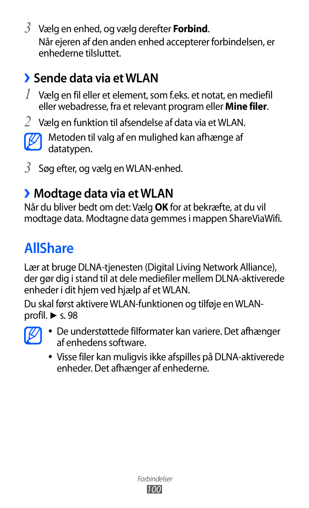 Samsung GT-I9210DAANEE manual AllShare, ››Sende data via et Wlan, ››Modtage data via et Wlan, 100 