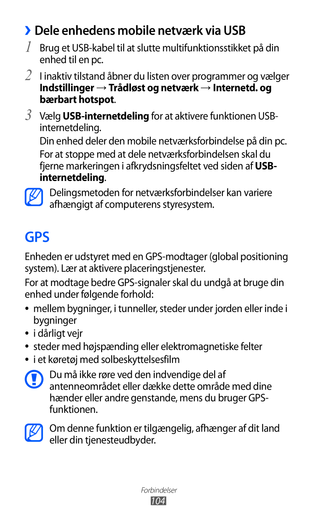 Samsung GT-I9210DAANEE manual ››Dele enhedens mobile netværk via USB, 104 