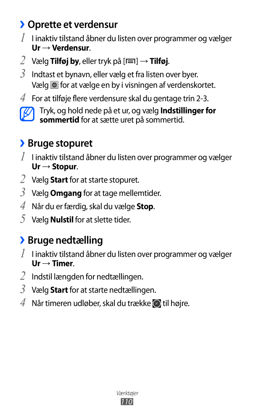 Samsung GT-I9210DAANEE manual ››Oprette et verdensur, ››Bruge stopuret, ››Bruge nedtælling, Ur → Timer, 110 