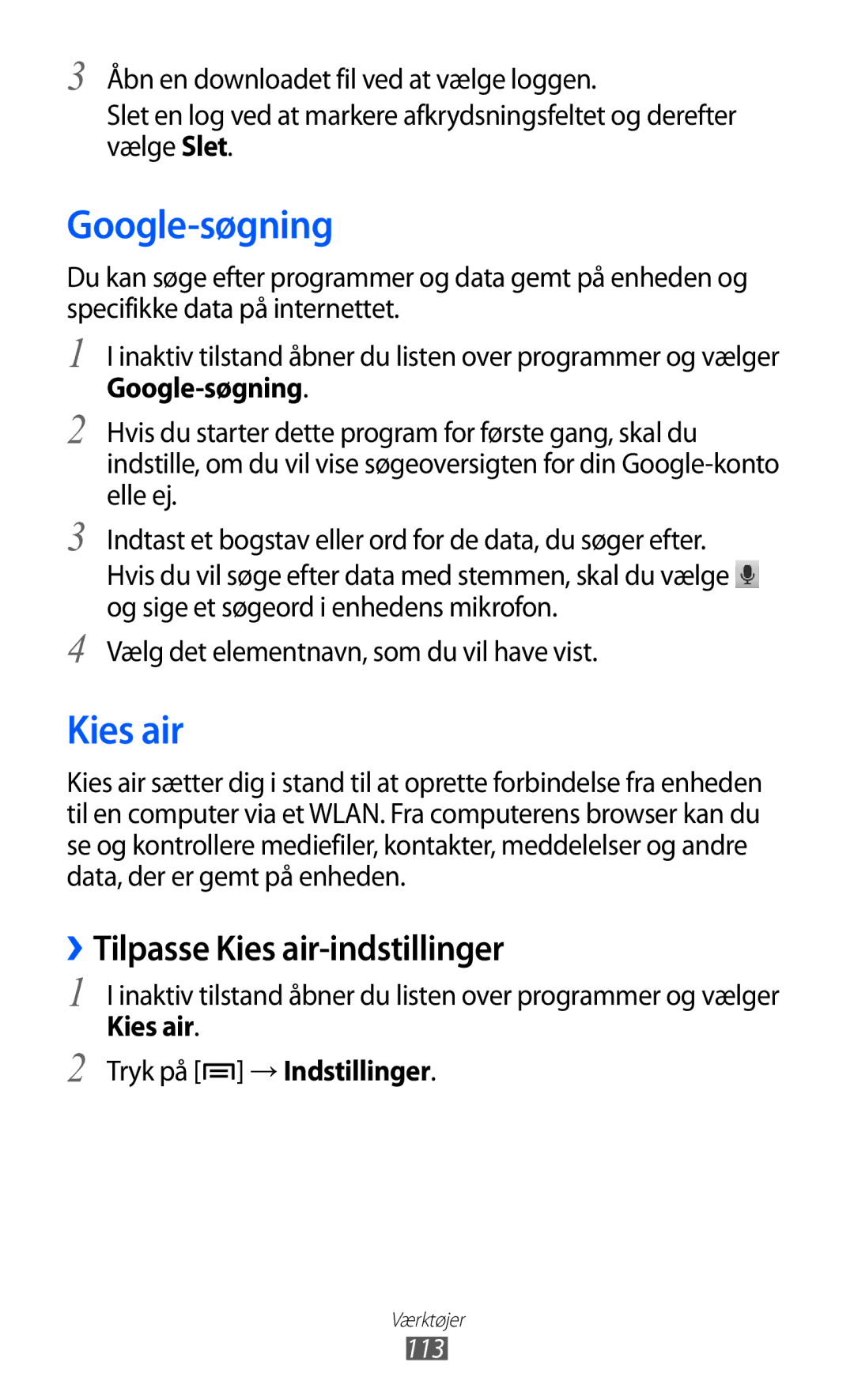 Samsung GT-I9210DAANEE manual Google-søgning, ››Tilpasse Kies air-indstillinger, Kies air Tryk på → Indstillinger 