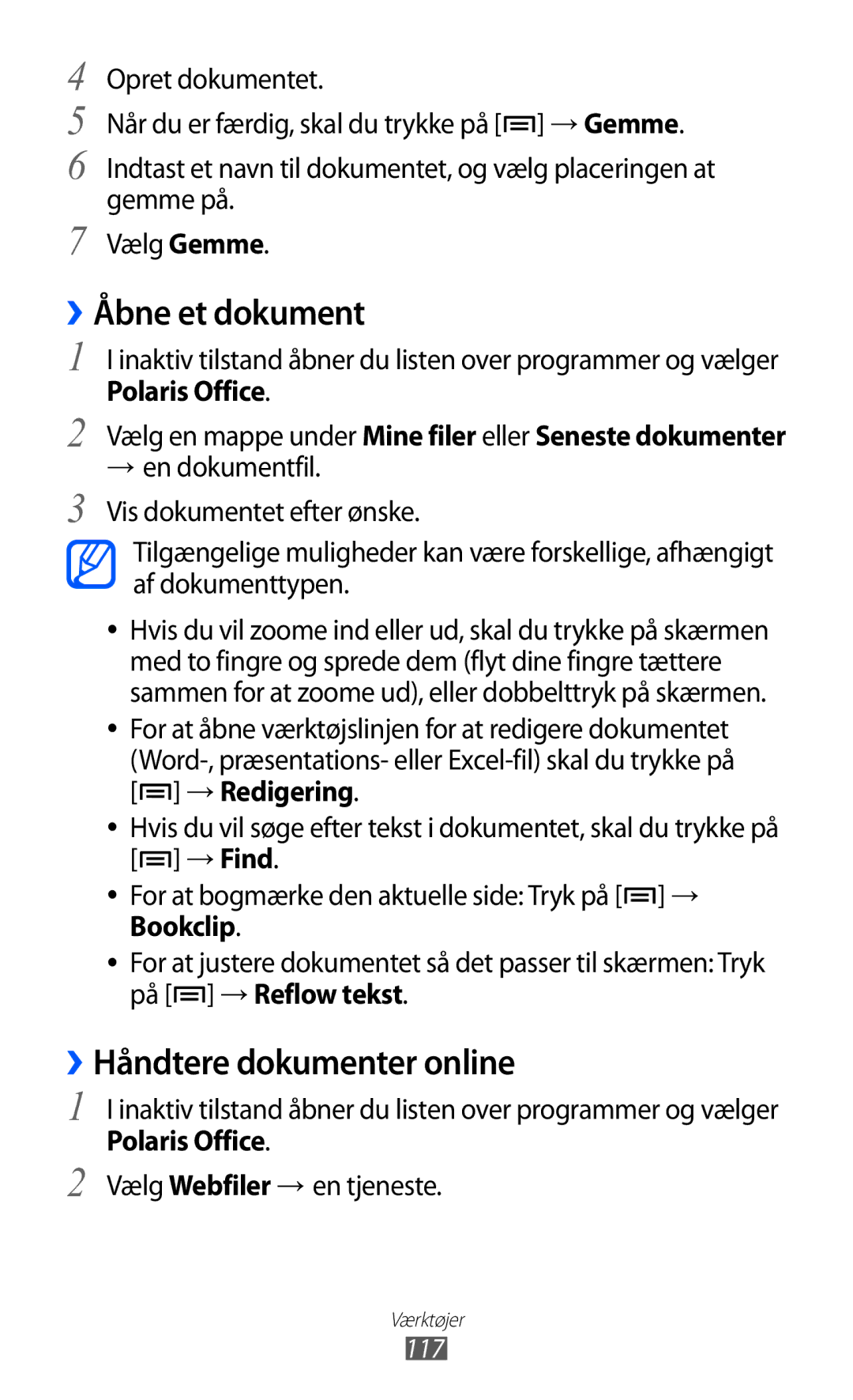 Samsung GT-I9210DAANEE manual ››Åbne et dokument, ››Håndtere dokumenter online, Vælg Webfiler → en tjeneste, 117 