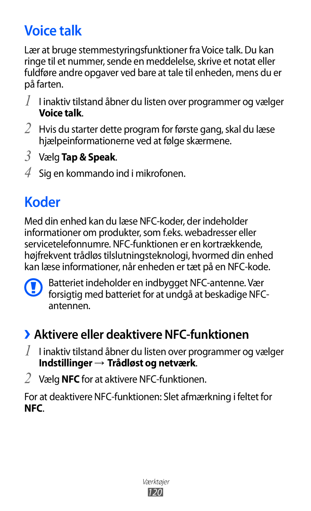 Samsung GT-I9210DAANEE manual Voice talk, Koder, ››Aktivere eller deaktivere NFC-funktionen, 120 