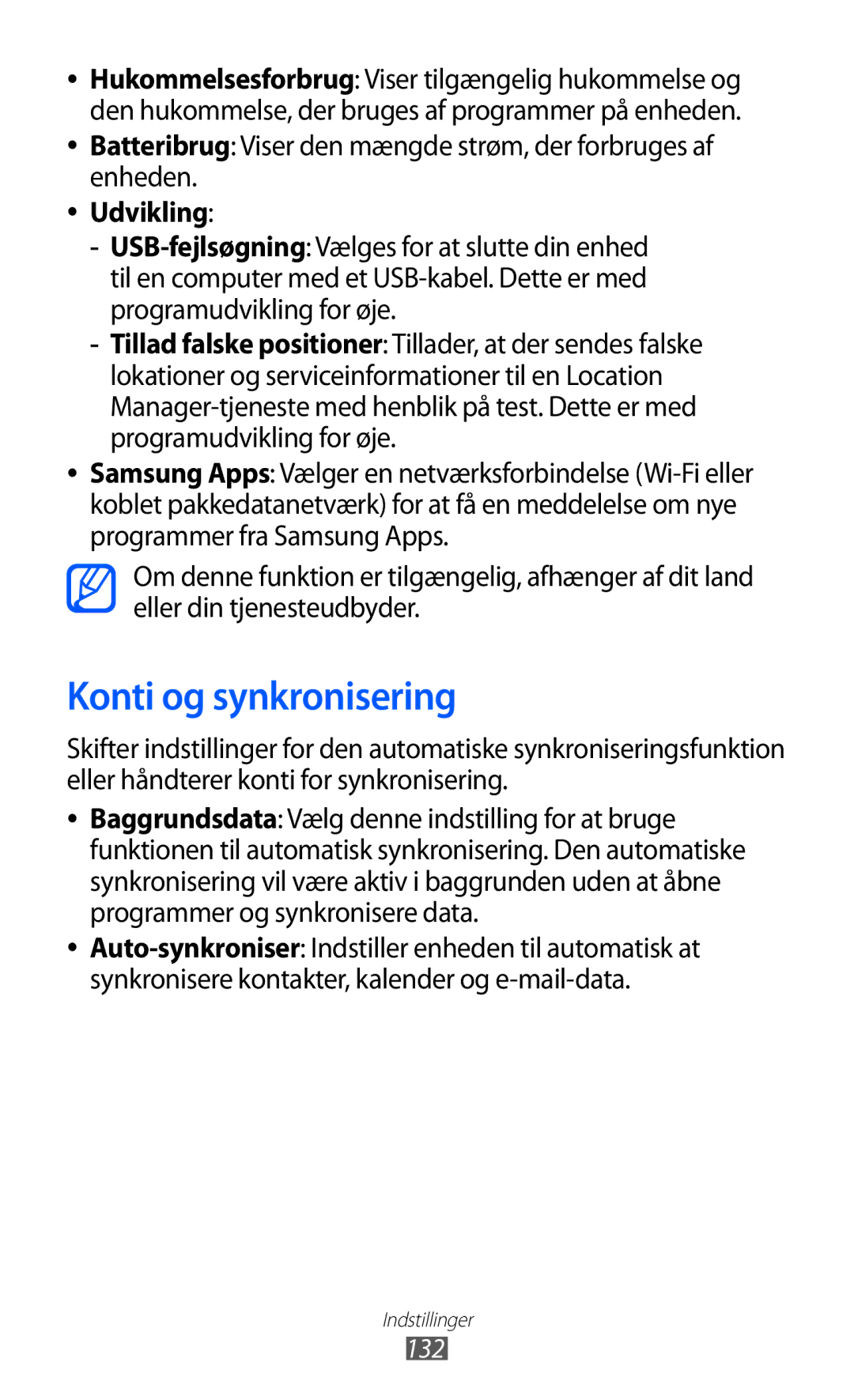 Samsung GT-I9210DAANEE manual Konti og synkronisering, Udvikling, 132 