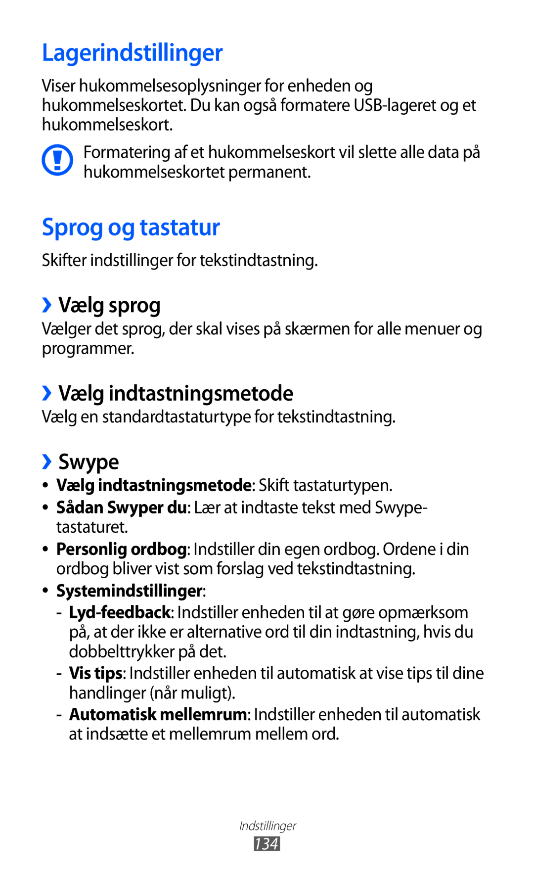 Samsung GT-I9210DAANEE manual Lagerindstillinger, Sprog og tastatur, ››Vælg sprog, ››Vælg indtastningsmetode, ››Swype 