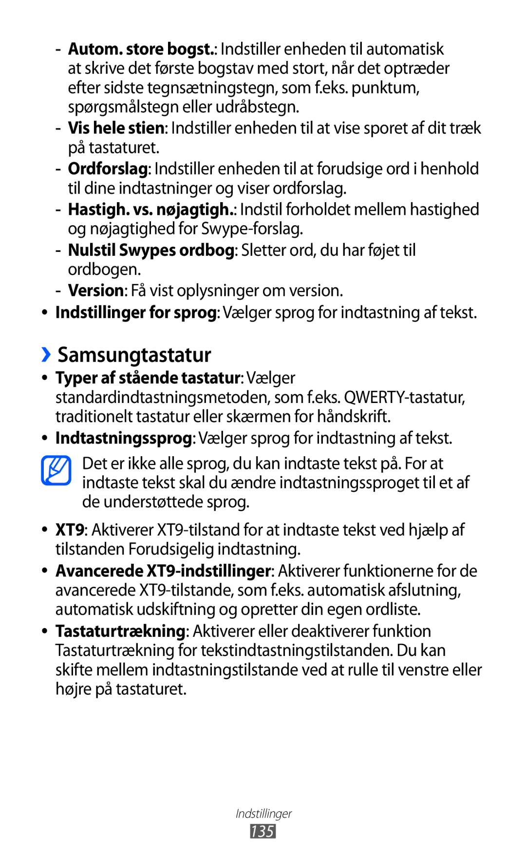 Samsung GT-I9210DAANEE manual ››Samsungtastatur, Indtastningssprog Vælger sprog for indtastning af tekst, 135 