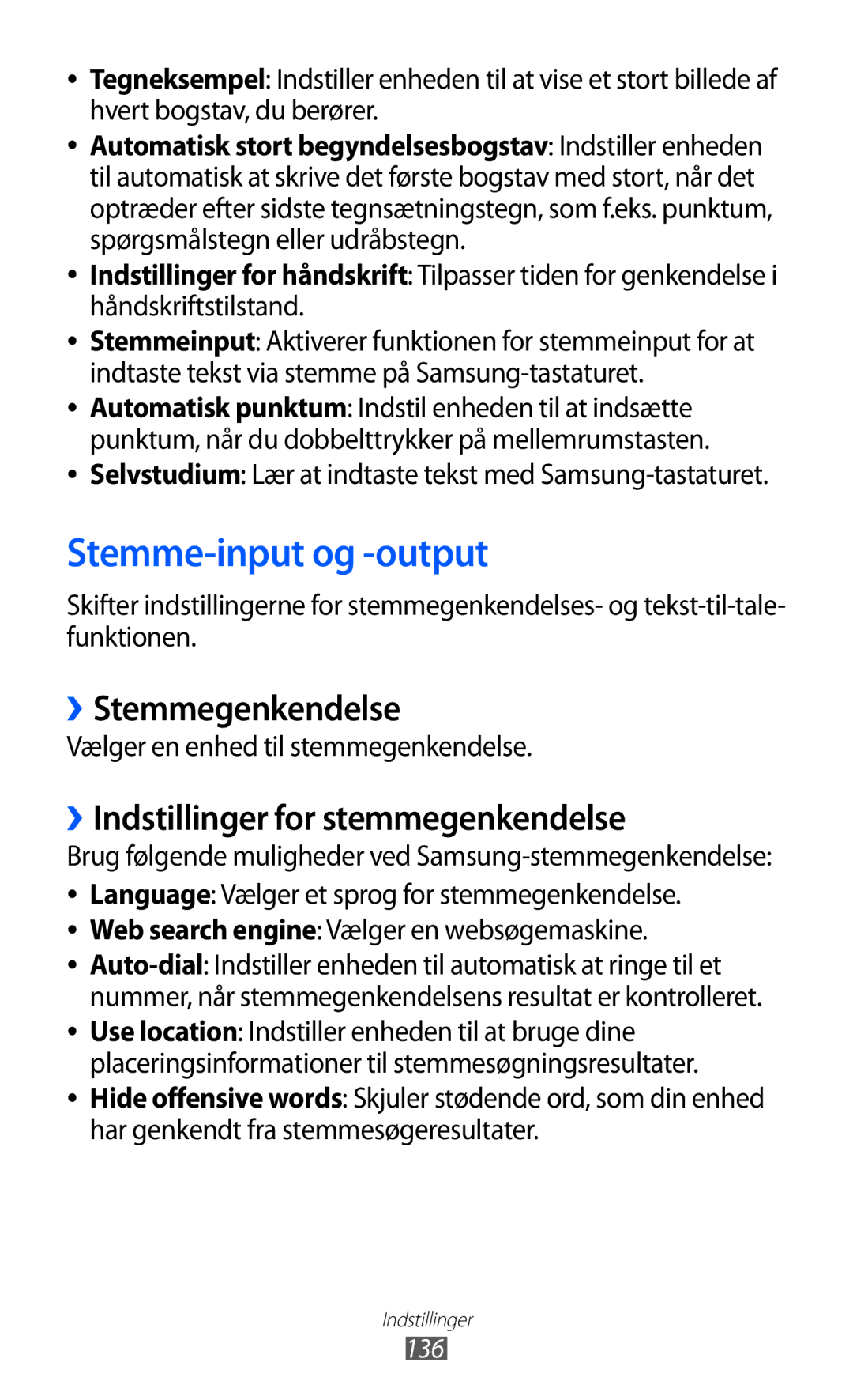 Samsung GT-I9210DAANEE manual Stemme-input og -output, ››Stemmegenkendelse, ››Indstillinger for stemmegenkendelse 