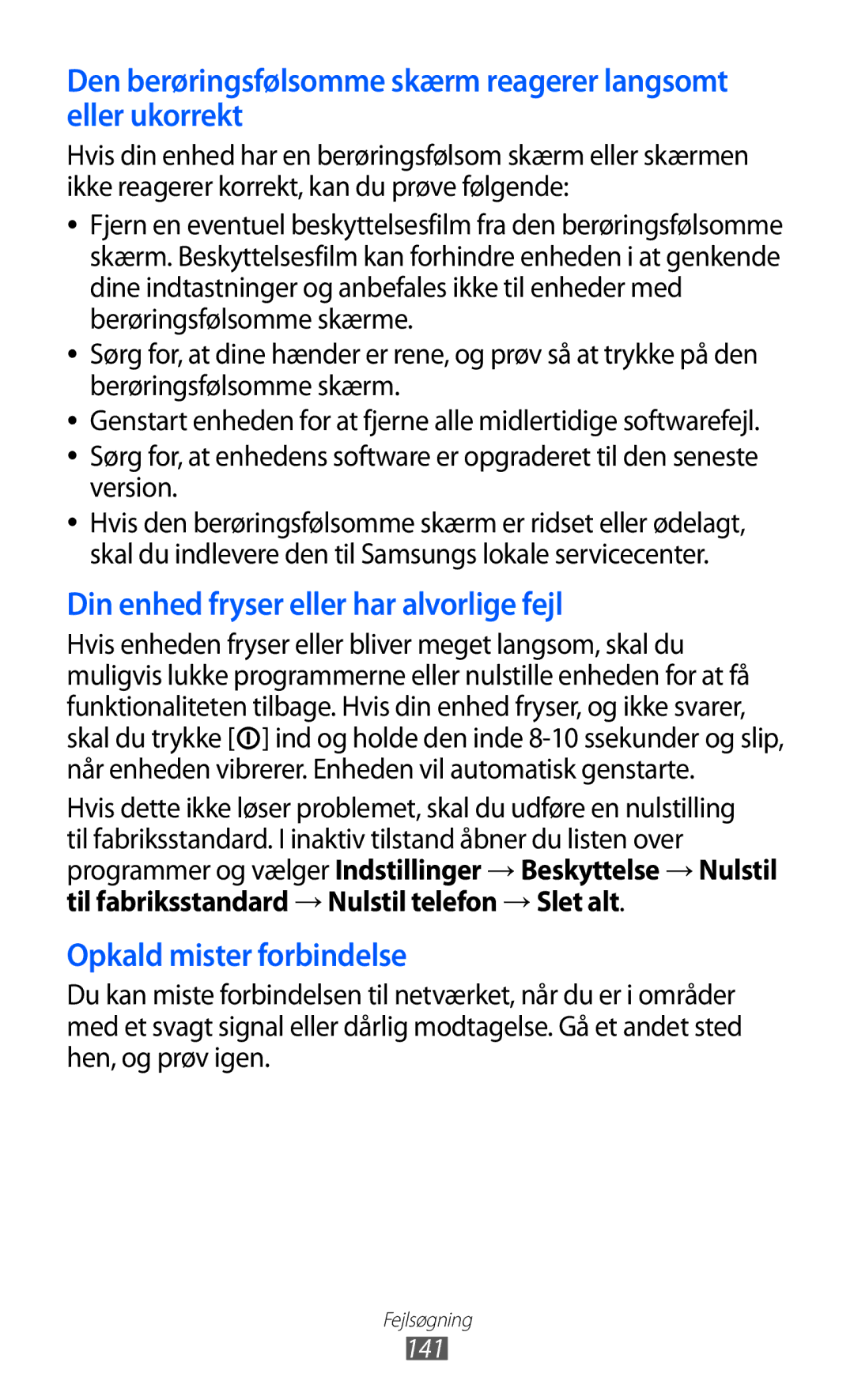 Samsung GT-I9210DAANEE manual Din enhed fryser eller har alvorlige fejl, 141 