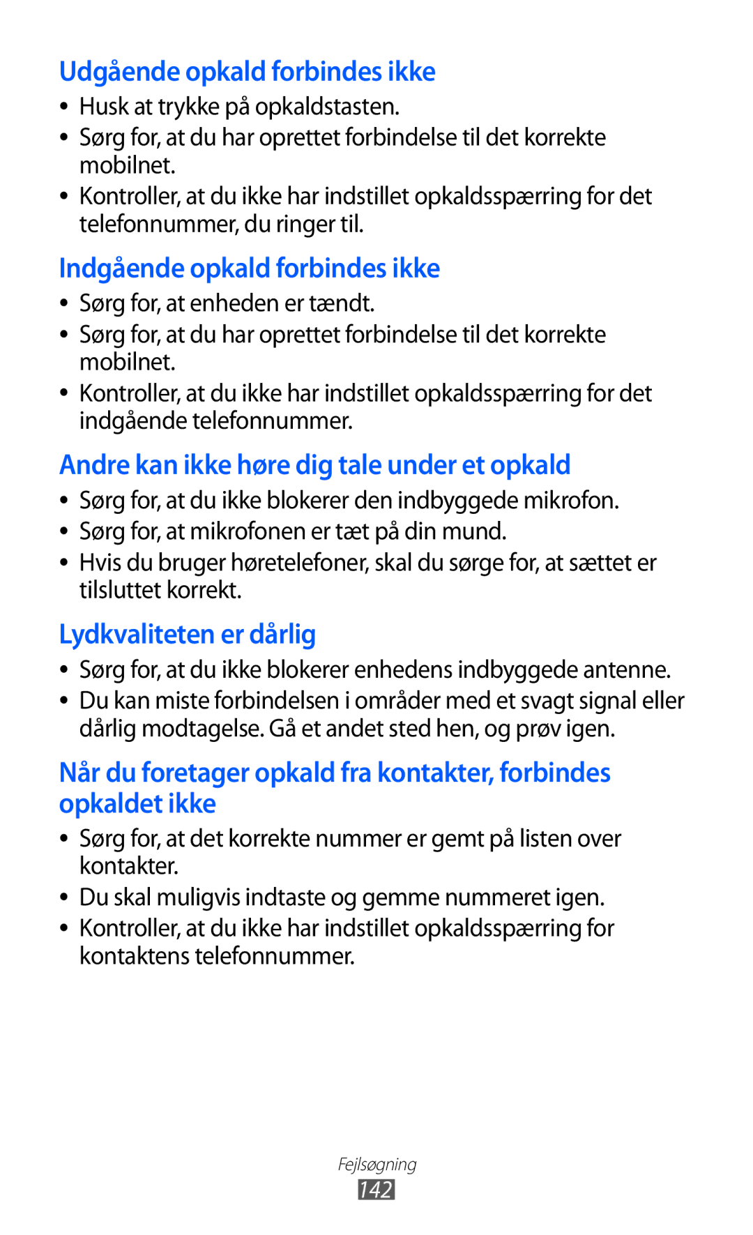 Samsung GT-I9210DAANEE manual Udgående opkald forbindes ikke, 142 