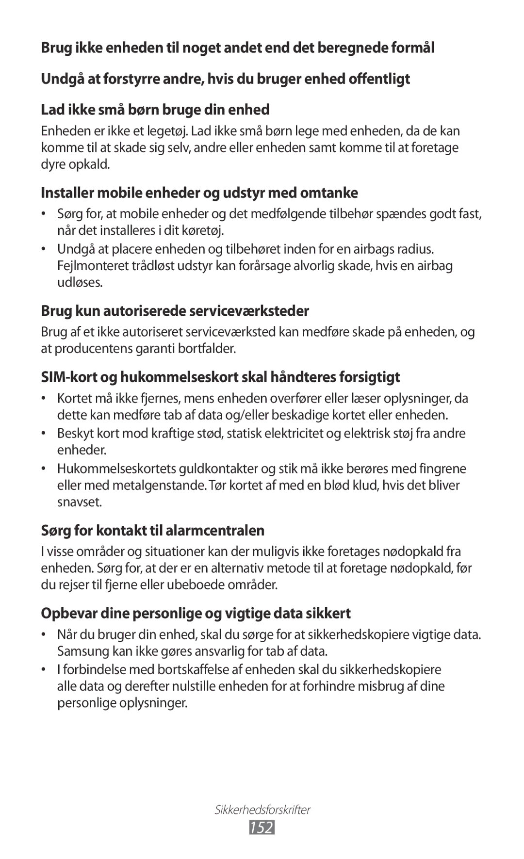 Samsung GT-I9210DAANEE manual 152, Installer mobile enheder og udstyr med omtanke 